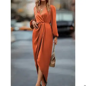 Outfit Maxi Satin Twist Sleeve Clasi tiktok Lantern Front Wrap Hem Dress Women Casual Womenswear