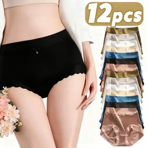 Women's Mid-Waist Panties 6/12PCS Lace Briefs Soft Cotton Breathable Underwear for Ladies Everyday Comfortable Lingerie Basic Minimalist
