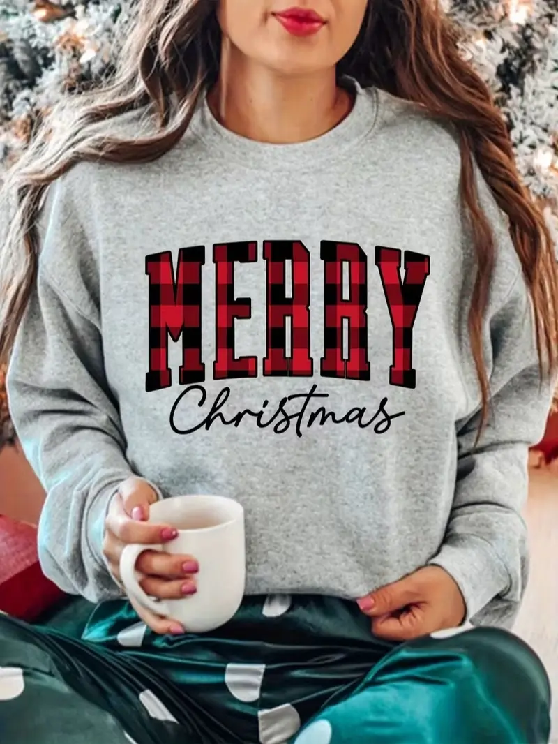 Merry Christmas Buffalo Plaid Letter Print Fleece Crewneck Sweatshirt, Xmas Holiday Pullover, Daily Holiday Gift