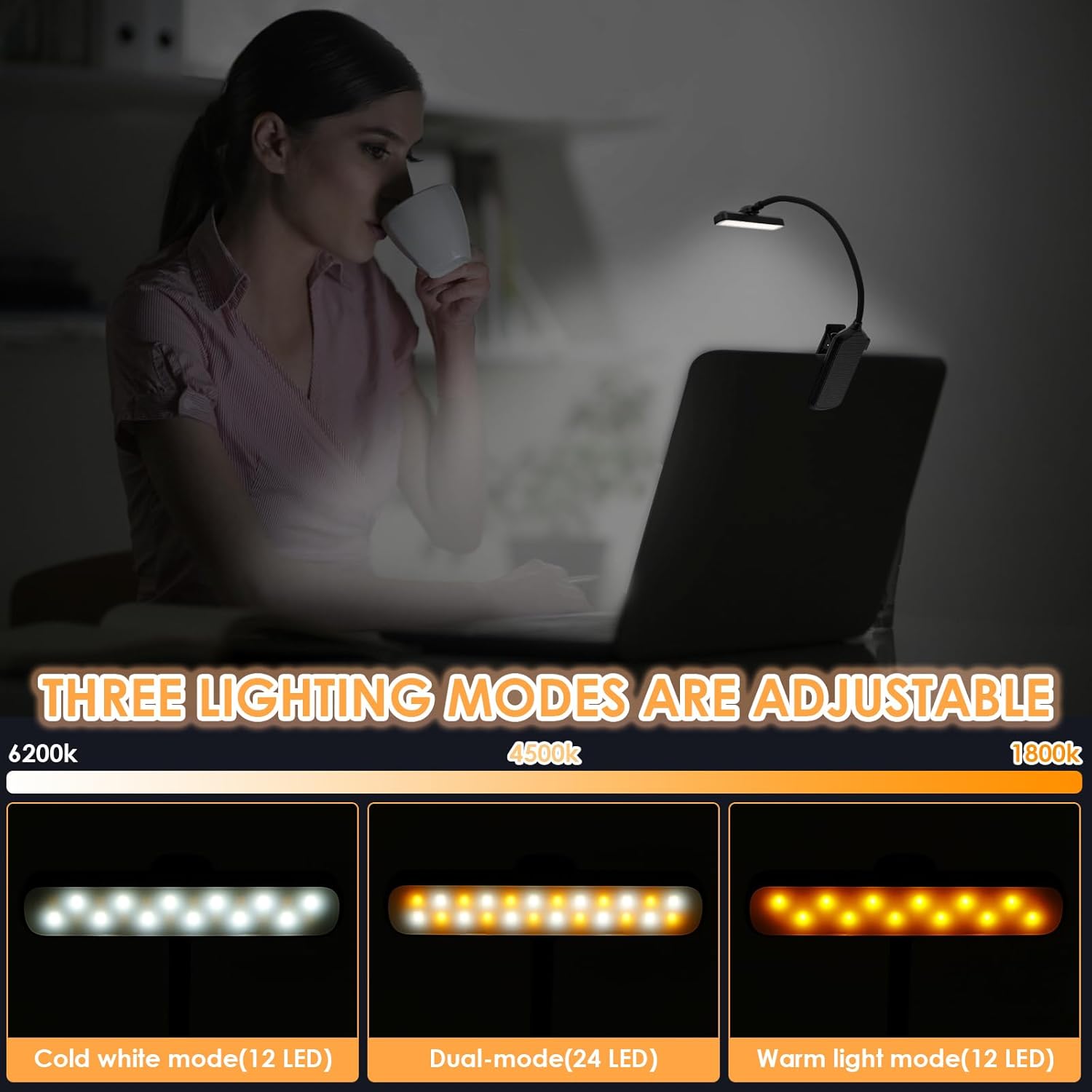Rechargeable 24 LED Book Light for Reading in Bed – Clip-On Lamp with 360° Flexible Neck, 5 Color Modes, Eye-Caring & Glare-Free, USB-C, 80H Runtime, Perfect for Kids, Students & Book Lovers