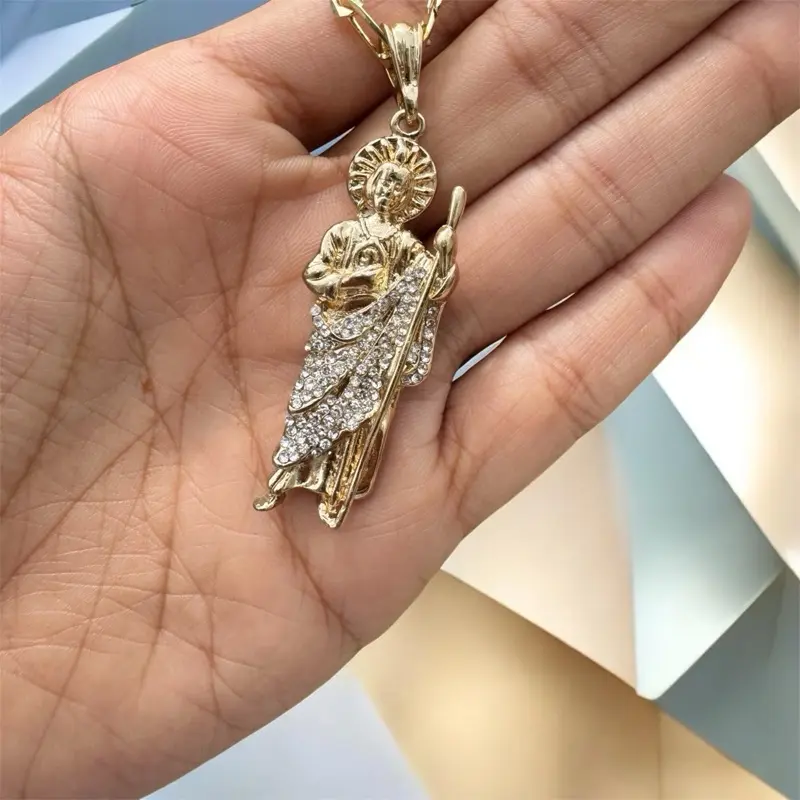 Gold Filled Figaro Chain Jewelry Necklace with Ornate San Judas Pendant, 22 Inch - Water-Resistant Gold Aesthetic, Chain Jewelry Necklaces