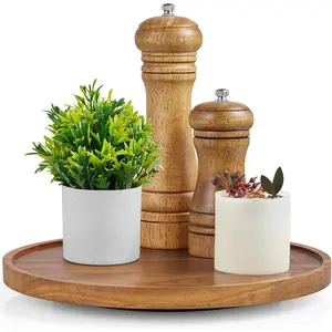 10" Acacia Wood Lazy Susan Turntable Organizer for Cabinet, Round Serving Tray Decorative Tray Vintage Centerpiece Candle Holder Tray, Farmhouse Tray for Kitchen Countertop Coffee Table Decor