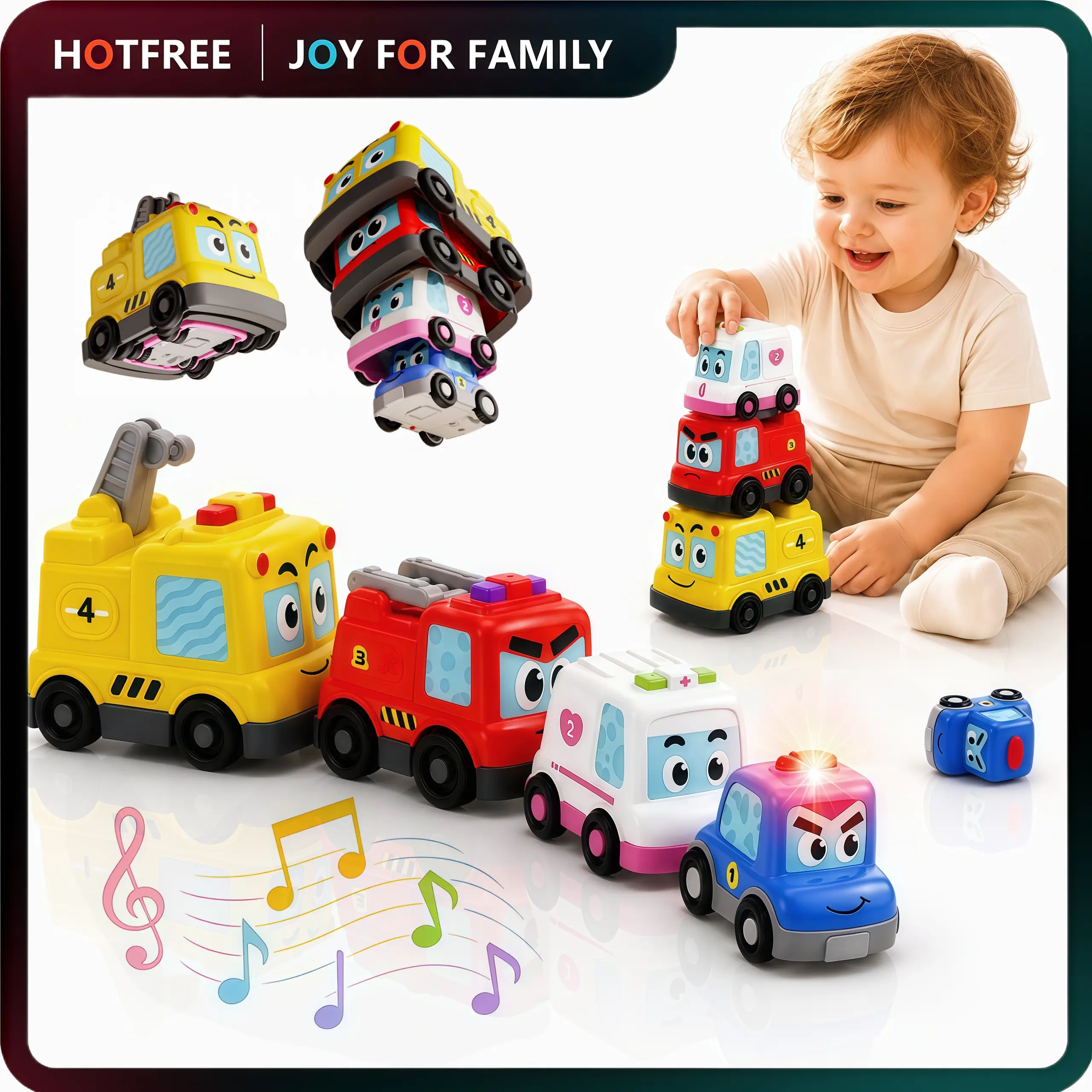 Hotfree 4 in 1 Montessori Toy Cars Set - Stacking Nesting Magnetic Following Toddler Toys 1-2, Sensory Toys with Lights, Music & Cars Toys, STEM Educational Toy, Baby Toys Christmas Birthday Gifts for KIds Boys Girls #backtoschool