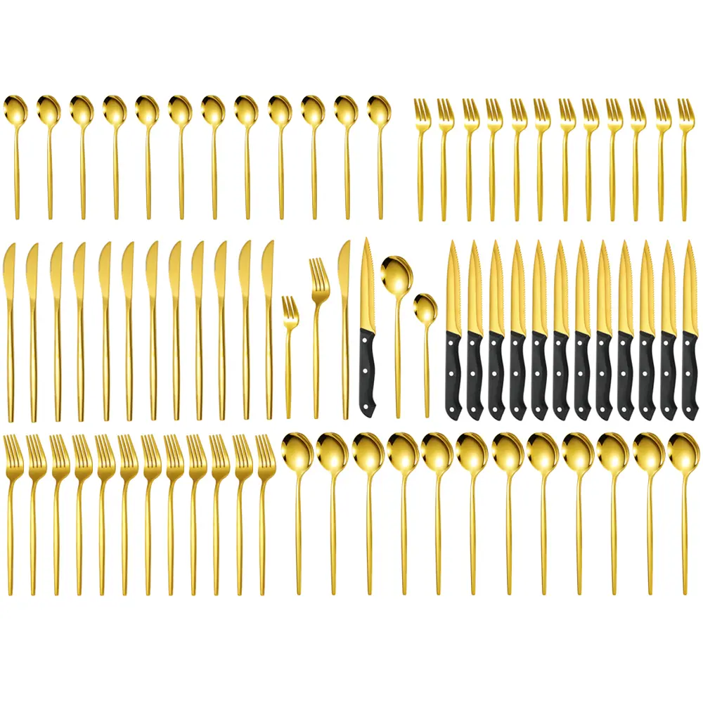 [72/48/24pcs Deluxe Golden Cutlery Set] Deluxe Golden Stainless Steel Cutlery Set, Portugal Western Steak Knives, Forks And Spoons Flatware Set, 12 Person Mirror Polish Families Hotels Silverware Set With Gift Box, Dishwasher Safe