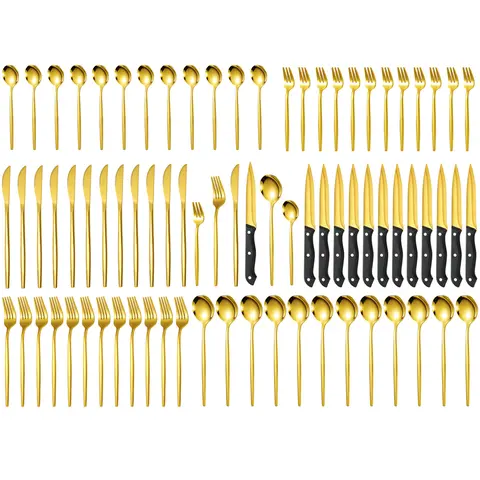 [24pcs-Golden Gold Plated Stainless Steel Cutlery Dinnerware Service Set] Portugal Western Steak Knives/Forks/Utensils, 12-Person Mirror Polish Tableware for Families, Dishwasher Safe, Gift Box Included, Modern Minimalist Look, Ideal for Dinners & Parties