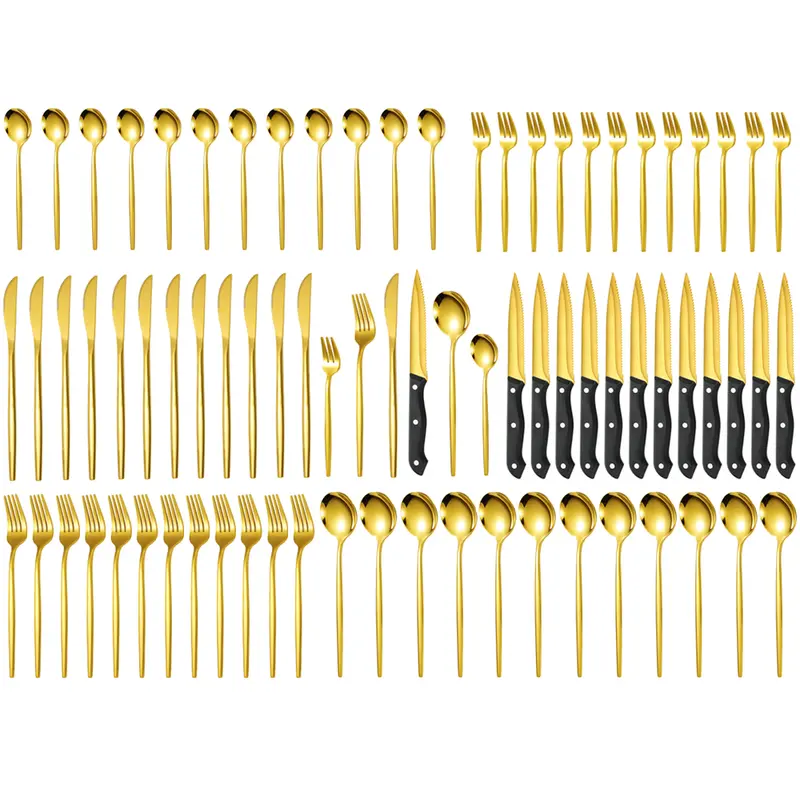24pcs Golden Gold-Plated Food-Grade 18/0 Steel Cutlery Set, 72pc for 12 Adults Above 11 People, Portugal Western Steak Knives/Forks/Utensils, Mirror Polish Tableware, Dishwasher Safe, Gift Box, Modern Minimalist, Safe Daily Use for Dinners