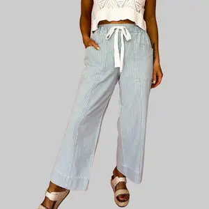 Women's Sky Blue Striped Mid-Waist Cotton Blend Jeans - Drawstring Waist, Side Pockets, Adjustable Graphic Design Bottoms, Elegance-Focused Stylish Fit, Casual Blouse-Pairing Practical Piece