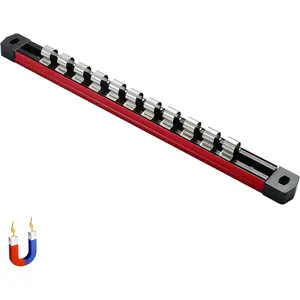 1/2-Inch Drive Magnetic Socket Organizer, Heavy Duty Aluminum Socket Rails, 11 Stainless Clips (Red)