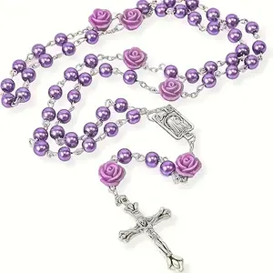 1pc Elegant Retro Purple Rose Cross Pendant Rosary Necklace - Suitable for Prayer, Baptism, Religious Ceremonies, Daily Wear & Parties, Beads with Cross Gift for Catholic Gifts, Year-Round