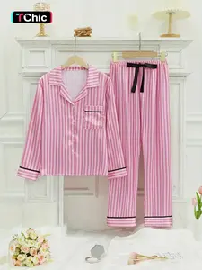 Women's Striped Pocket Lapel Neck Pyjama Set, Comfy Button Down Long Sleeve Shirt & Tie Front Pants Lounge Set, Pajama Sets Women, Pj Sets for Women, Sleepwear for Spring & Fall, Gifts Set for Mum
