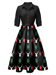Black 1940s Christmas Print Lapel Belted Dress Casual Polyester Shortsleeve Womenswear Light