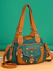New PU Leather Crossbody Shoulder Bag, Large Capacity Patchwork Design, Adjustable Strap, Multi-Pocket, Fashionable Women's Bag