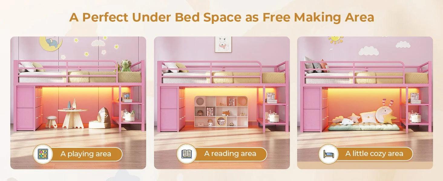 Sikaic Twin Size Low Loft Bed with 6 Storage Drawers and LED Lights Modern Kids Metal Loft Bed with 15H Stairs & Safety Guardrail and 2 Tier Storage Shelves