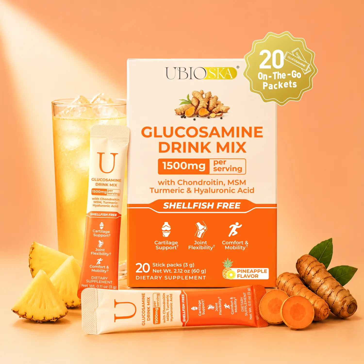 UBIOSKA Joint Support Drink Mix | 7-In-1 Formula with 1500mg Shellfish-Free Glucosamine, Chondroitin, MSM, Hyaluronic Acid  Turmeric, Ginger & BioPerine For Cartilage Support, Joint Flexibility, Comfort & Mobility | Pineapple Flavor with Zero Sugar