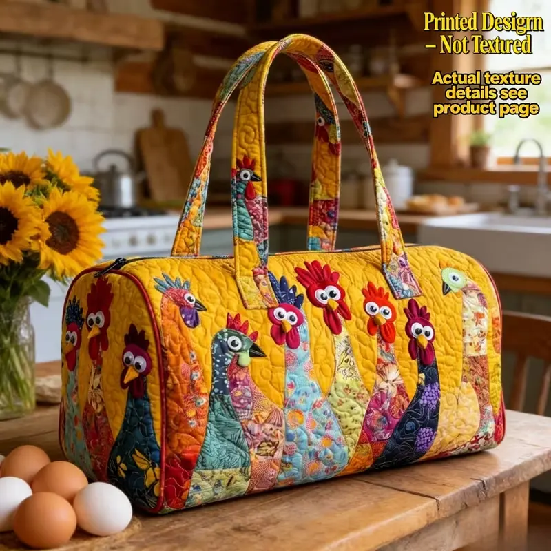 Women Quilted Duffle Bag, Colorful Cartoon Rooster Patchwork Print Shoulder Handbag, Large Capacity Weekend Overnight Travel Bag, Whimsical Farm Animal Duffle Purse for Shopping & Short Trip