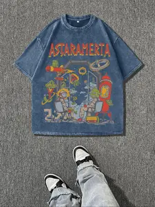 Men's Cartoon Astronaut & Letter Print Short Sleeve T-Shirt, Regular Fit Casual Retro Round Neck Tee for Summer, Men's Top for Daily Wear, Cotton