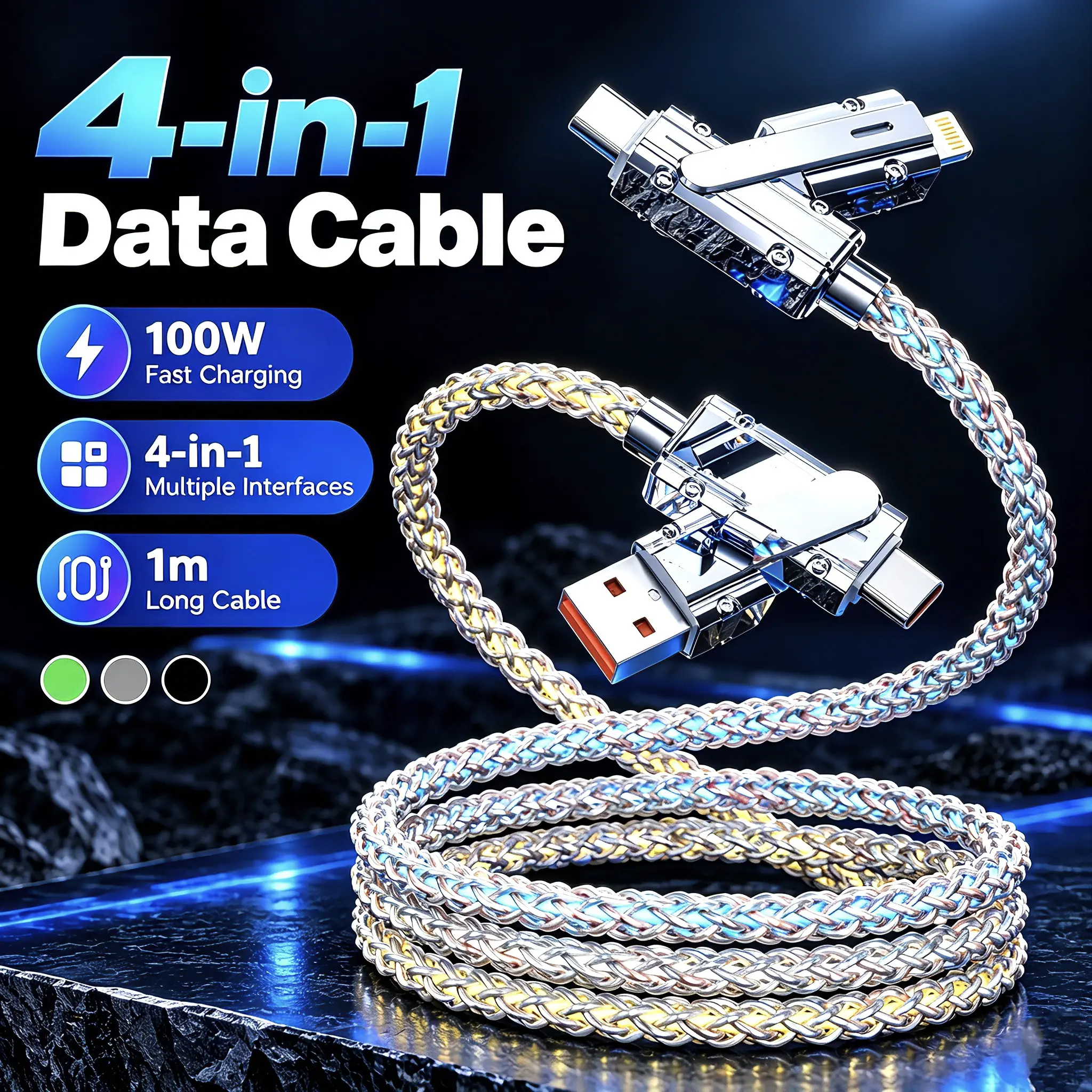 4-in-1 Charging Cable, 100W USB C Cable, Multi-Connector Braided Charger Cable, 1M Long Cable for iPhone, Android, Tablets & More