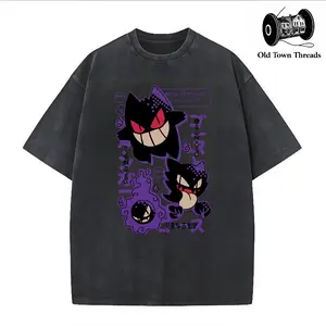 Men's Unisex Anime Pocket Monsters Japanese Text Print Washed Cotton T-Shirt - Summer Casual, Comfortable, Everyday, Beach, Customized Anniversary Top