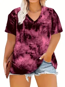 Women's Plus Size Tie-Dye Printed Loose Fit V-Neck Short Sleeve Top, Fashion Casual Summer T-Shirt, European and American Style