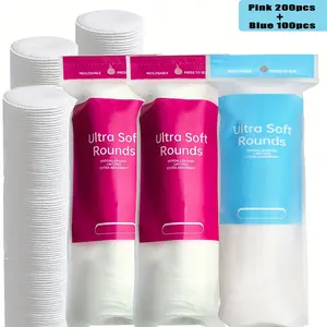 Pink 200pcs+BIue 100pcs disposable round makeup pad cleansing puff multi-purpose cleaning sheet, soft and skin-friendly, mild and non-irritating, suitable for facial maintenance, makeup, skin care, home use or travel use, 6*6cm