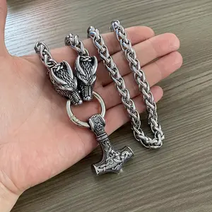 Vintage Viking Thor Hammer Pendant Necklace with Wolf Head Chain - Fashionable Iron Men's Norse Norwegian Amulet - Non-Plated - For Men - Suitable for Parties & Everyday Wear - Perfect Gift for Birthday