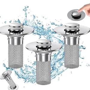 Bathroom Sink Drain Strainer, Pop Up Filter with Removable Stainless Steel Basket, 3-Piece Bathroom Sink Stopper Replacement