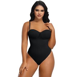 Curveshe Back Lace-up Thong Seamless Light Control Spaghetti Strap Basic Bodysuit Black Minimalist for Everyday Wear Womenswear