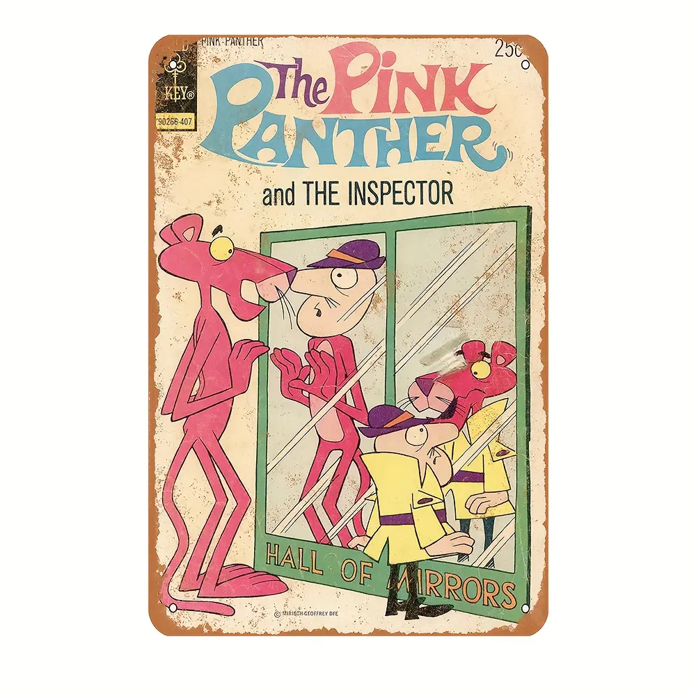 Vintage Pink Panther & The Inspector Aluminum Rectangular Plaque - 8x12in Animal Character Wall Sign, Art Style Home Decor for Indoor Use, Decorative Plaque, Novelty Decor