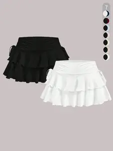 Women's Solid Ruffle-Tiered Bubble Skirt Set Side-Tie Detail Skirt + Coordinated Top
