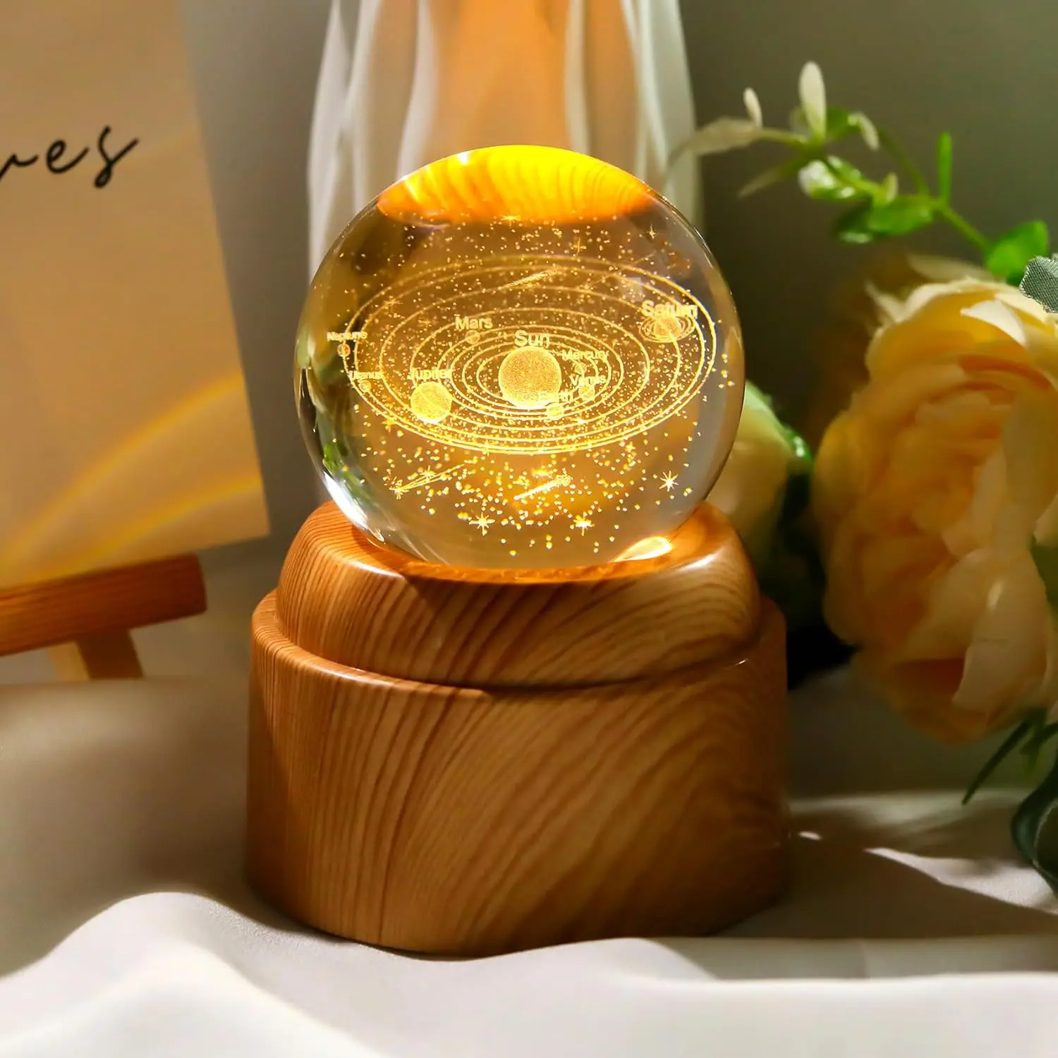 2.36in 3D Laser Engraving Solar System Crystal Decorative Ball - Auto-Rotate Wood-Grain Plastic Base, Saturn Warm LED Light, AC Power Space Display Collectible, Gift-Ready for Physics Enthusiasts