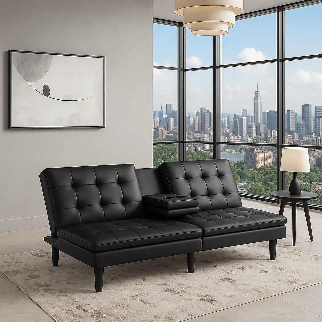 Lusaka Contemporary Black Leatherette Futon Sofa Bed with USB Charging & Drop-Down Table – 71.5" Biscuit Tufted Convertible Sleeper