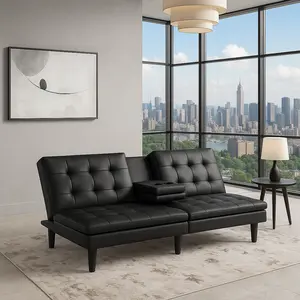 Lusaka Contemporary Black Leatherette Futon Sofa Bed with USB Charging & Drop-Down Table – 71.5" Biscuit Tufted Convertible Sleeper