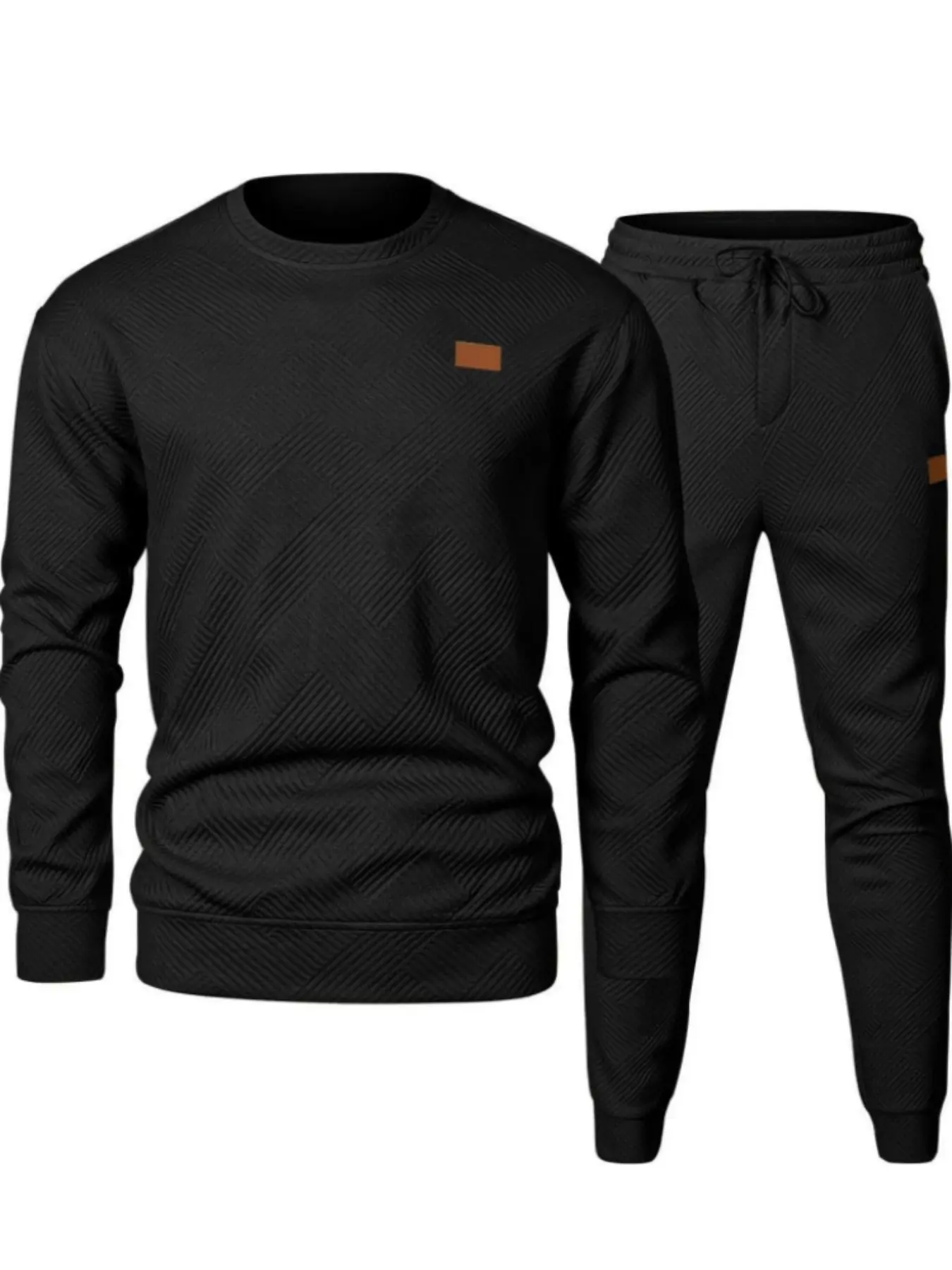 Men's Autumn Plain Texture Fabric Crew Neck Long Sleeve Sweatshirt & Pants Set, Elastic Waist Drawstring Long Pants, Casual Wardrobe Essential Textured Outfit