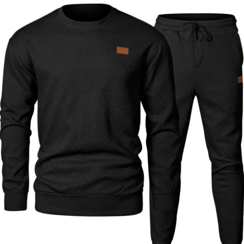 Men's Autumn Plain Texture Fabric Crew Neck Long Sleeve Sweatshirt & Pants Set Matching, Elastic Waist Drawstring Long Pants, Casual Wardrobe Essential Textured Outfit