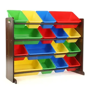 Discover Supersized Toy Storage Organizer with 16 Plastic Storage Bins, Walnut/Primary