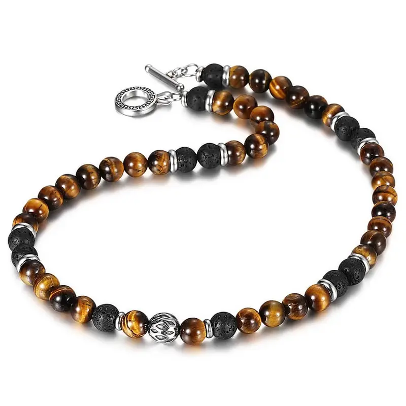 8MM Natural Yellow Tiger Eye's Stone Lava Beaded Necklace Choker Toggle Clasp for Men Female Handmade Jewelry Gift christmas gift