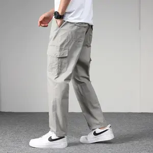 Men's Casual Pants for Spring, Loose Straight-Leg Middle-Aged Dad Pants, Men's Long Pants Spring Cotton Twill Work Pants, Autumn Thin Loose Casual Pants, Straight-Leg Multi-Pocket Cargo Sports Pants Suitable for Daily Wear and Outdoor Activities
