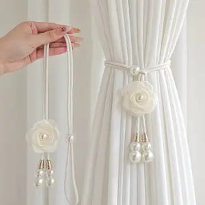 Elegant Artificial Pearl Flower Curtain Tiebacks, Adjustable Curtain Hooks, Home Decor, Window Decorations Supplies, Adds Warm Atmosphere, 2pcs Set, Home Textile