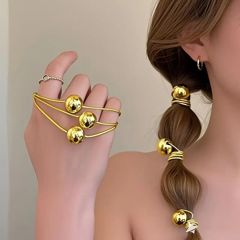 Female 4-Piece Silky Golden & Silvery Ball Pattern Hair Ties - High Elasticity Everyday Hair Accessories, Korean-Style Ponytail Rings, Elegant Prom Headpieces