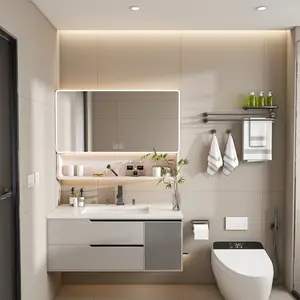 DONEXT Wall-Mount Modern Rectangular Hinged All-Aluminum Non-Plastic Bathroom Mirror Cabinet, 35x28 in Khaki Backlit High-Transparency Medicine Cabinet with 3-Color LED Lighting, Defogger, Cosmetic Rack, Hair Dryer Holder, Hinged Mirror Cabinets, Non-Plas