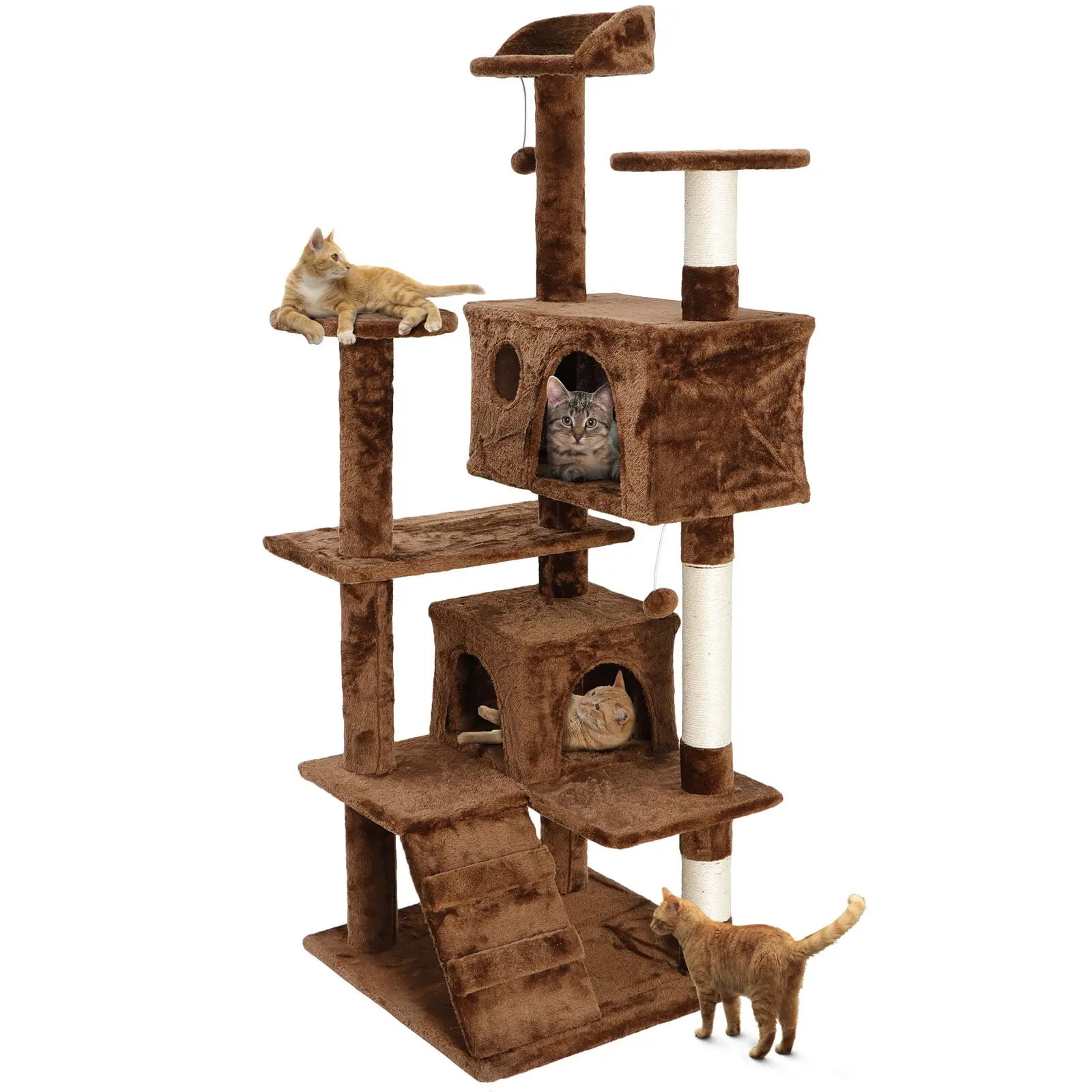 SuperDeal Pets 53" High Multi-Level Particle Wood Giant Scratching Post Tree & Condos - Vertical Scratcher, Scratcher Board, Cozy Resting Condo, Kitty Playhouse, Brown, 18"X11"X9.4", 10.6"X10.6"X7.9", 31.3 lbs
