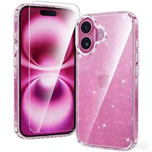 Glitter iPhone 17 Pro Max,16 plus,15,14,13,12,11,  Case, 1 Count with screen tempered glass film Glitter Sparkly Shiny Bling Cute Cover, Anti-scratch Soft TPU Thin Slim Shockproof Protective Phone Case for Women Girls, Casing, Accessories