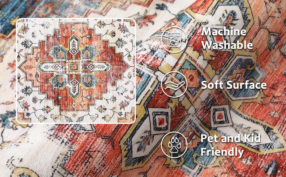 【GARVEE】Boho Vintage Washable Rug - Soft Non-Slip Polyester - 4x6 to 9x12 Sizes - Ideal for Bedroom, Laundry Room, or Kitchen - Zero Shedding Design