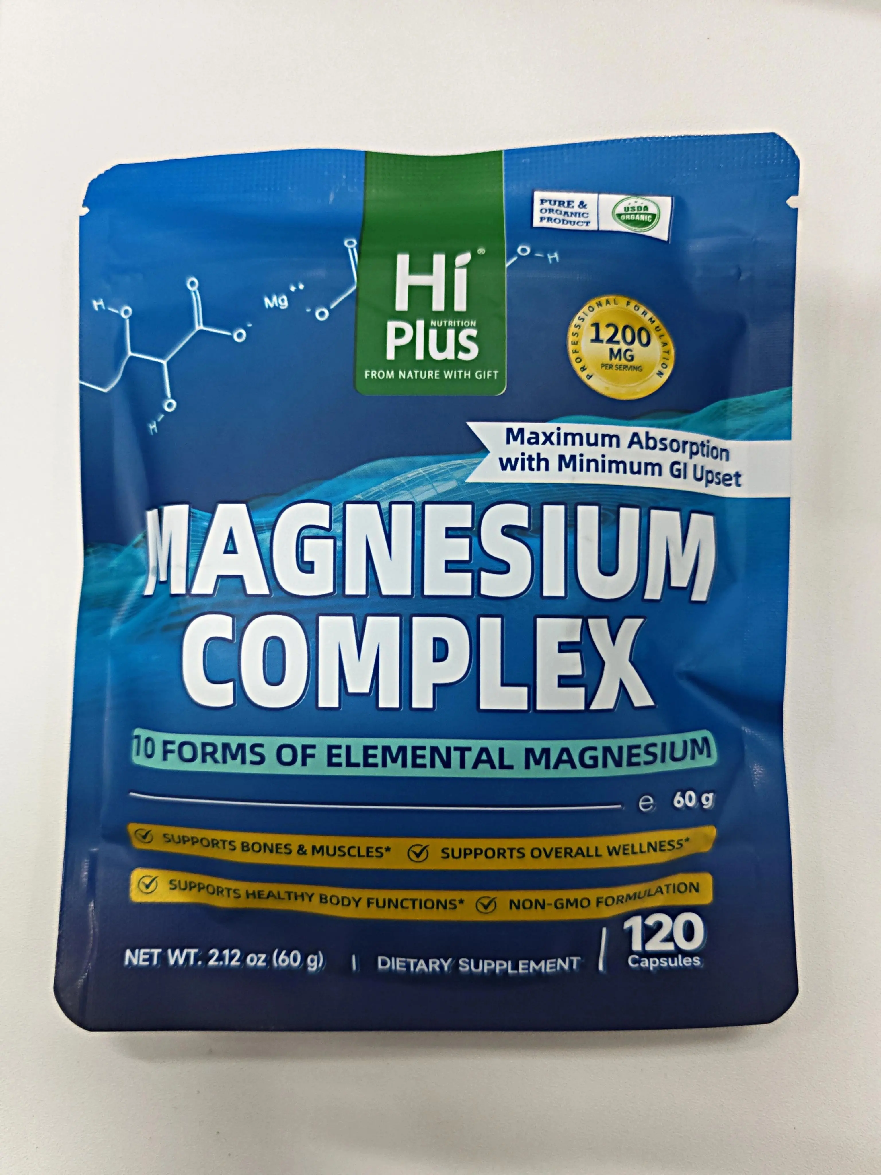 HiPlus Magnesium Complex Mineral Dietary Supplement - 1200mg Extra Strength, 10 Essential Forms, 120 Capsules, Highly Absorbent, Domestic Quality, Vitamin-Infused, for Adults’ Bone Health, Metabolism & Muscle Support