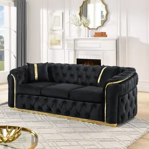 90.6 Inches Velvet Button Tufted Sofa Couch with 2 Pillows, 3 Seater Luxury Chesterfield Sofa Set with Gold Stainless Steel Accents for Living Room, 280g Italian Velvet Black