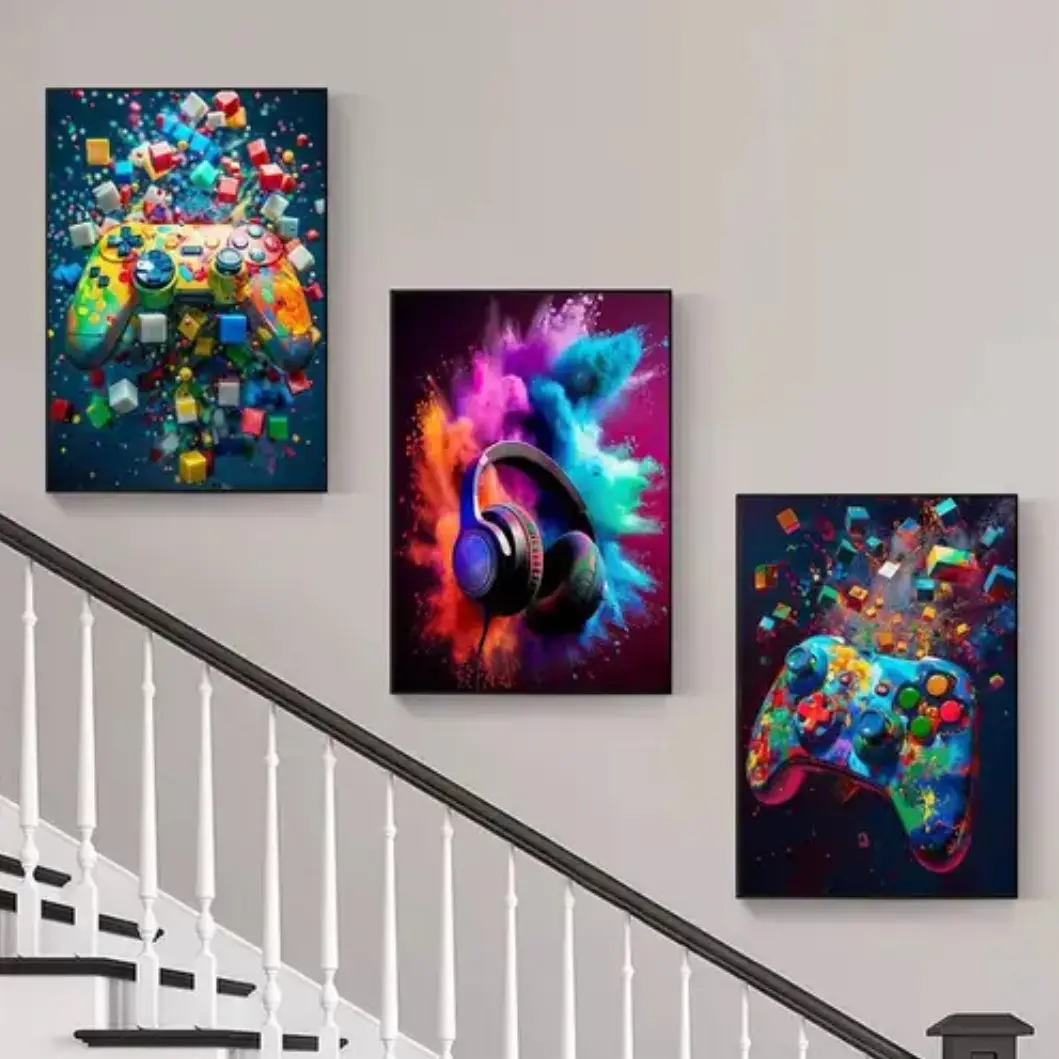 3-piece Color Game Art Set with Optional Wooden Frame Decoration - Vibrant Playstation Controller, Colorful Explosive Headphones, and Xbox Controller with Modern Dynamic Game Decoration, Perfect for Gaming Rooms or Teenage Bedrooms 3-piece Color Game Art Set with Optional Wooden Frame Decoration - Vibrant Playstation Controller, Colorful Explosive Headphones, and Xbox Controller with Modern Dynamic Game Decoration, Perfect for Gaming Rooms or Teenage Bedrooms