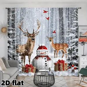 2D Flat 2Pcs Winter Wonderland Curtains Snowman Deer Print Holiday Theme Semi Sheer Polyester Panels Rod Pocket Design Home Decoration Curtain Suitable for Living Room Bedroom Kitchen Christmas Window Decoration Privacy Protection