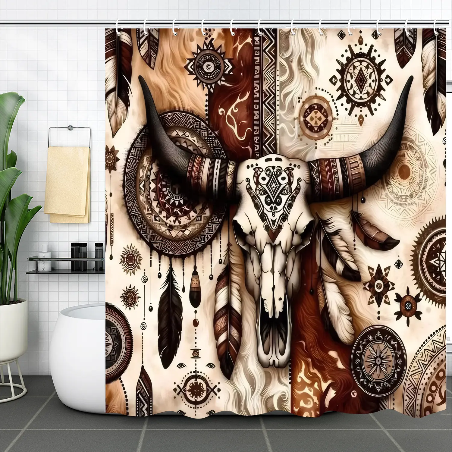 Stylish Bull Skull Pattern Shower Curtain, Decorative Shower Curtain, Waterproof Bathroom Curtain for Hotel Decor, Includes 12 Hooks, 180cm X 180cm Polyester, Bathroom Decorations, Bathroom Curtains Shower