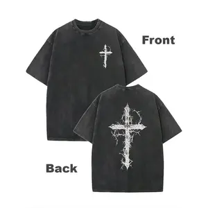 Men's Vintage Washed T-shirt, Printed Thorn Cross Dark Wind Pattern, Cotton Heavyweight Fabric, Cool Retro Style, High Quality Fashion Soft and Comfortable, Machine Washable