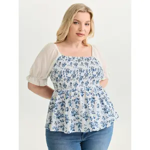 BLOOMCHIC Plus Size Floral Print Polyester-Spandex Fabric Light Blouse, Sheer Stretchy Cuff Sleeve Top & Shirts, Smooth Fitted Blue Garment 2026 Summer Vibes